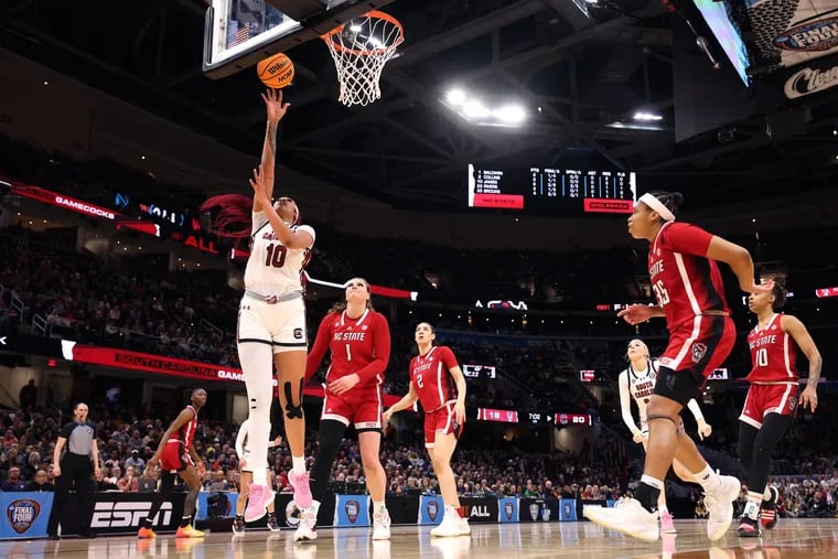 Kamila Cardoso (left) goes up for a layup during the first half of South Carolina's Final Four win over N.C. State.