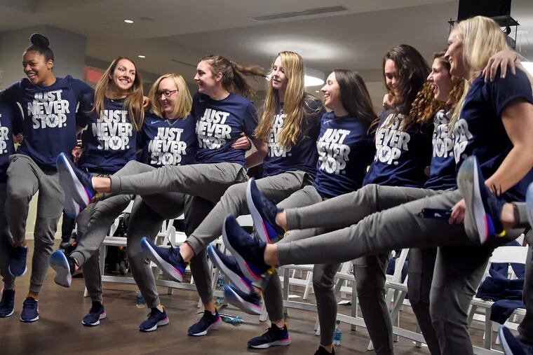 Villanova's women's basketball players form a dance line as they wait for the start of the WNCAA selection show, during a viewing on campus March 12, 2018. TOM GRALISH / Staff Photographer