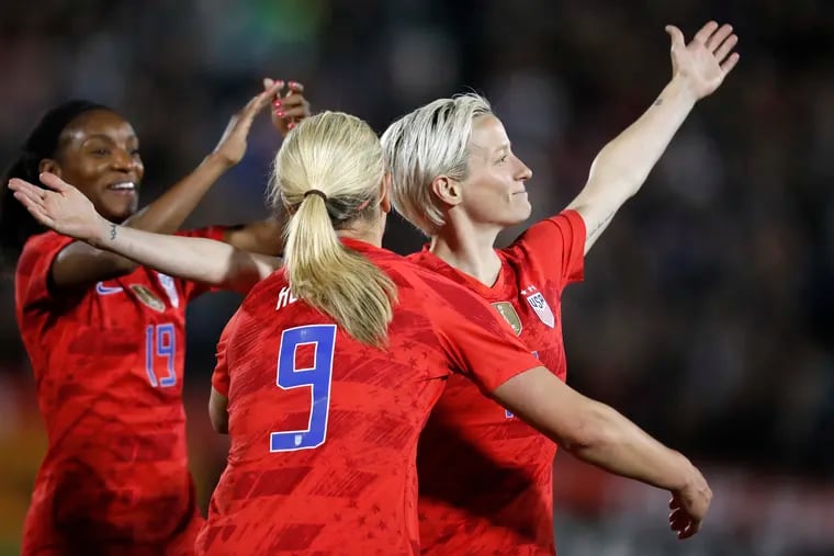 Megan Rapinoe celebrates after scoring the U.S. women's soccer team's third goal in their 5-3 win over Australia at Dick's Sporting Goods Park in Commerce City, Colorado.