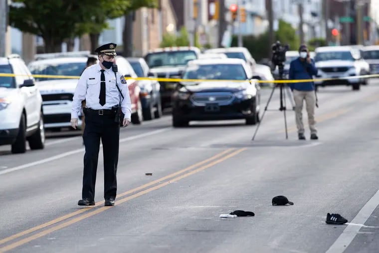 The aftermath of a shooting that left 1 dead and 3 others wounded at S. 55th and Kingsessing Ave.  May 12, 2021