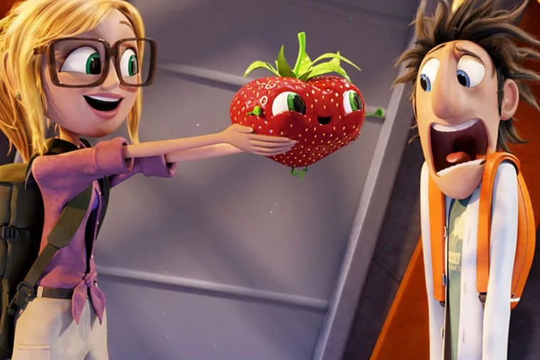 Sam Sparks (voiced by Anna Faris), Barry the Strawberry (voiced by Cody Cameron), and Flint Lockwood (voiced by Bill Hader) in a scene from "Cloudy with a Chance of Meatballs."