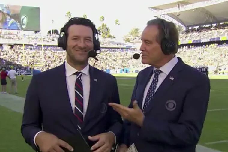 CBS Sports broadcasters Tony Romo (left) and Jim Nantz called part of last Sunday's Packers-Chargers game from the sideline of Dignity Health Sports Park.
