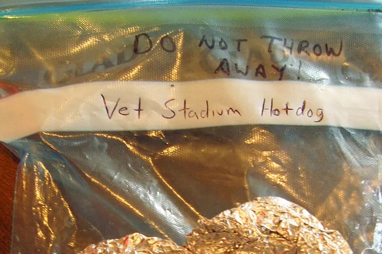 Steve and Mandy Dunne of Westminster, Md., have preserved a hot dog that Steve bought at Veterans Stadium in 2003, the last year the Phillies played there.