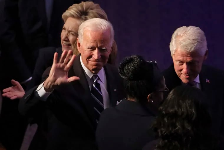 From left, former first lady Hillary Clinton, former Vice President Joe Biden and former President Bill Clinton arrive for the funeral service for Rep. Elijah Cummings, D-Md., at New Psalmist Baptist Church in Baltimore, Md., on Friday, Oct. 25, 2019. (Chip Somodevilla/Pool via AP)