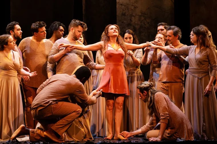 Semele (soprano Amanda Forsythe, center) escapes her wedding and ascends to the realm of the gods to be with Jupiter in Opera Philadelphia's Festival O19 production of Handel's opera.