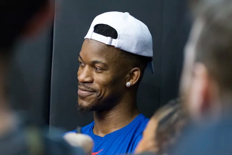 Jimmy Butler of the SIxers answers questions before the start of practice on May 11, 2019.  The Sixers are preparing for game 7 of the NBA Eastern Conference semifinals against the Raptors at the Scotiabank Arena in Toronto.