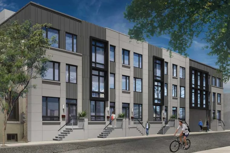 Artist&#039;s rendering of townhouses on Kater Street that are part of the planned Royal residential complex, which is to incorporate the facade of the historic Royal Theater on its South Street-facing side.