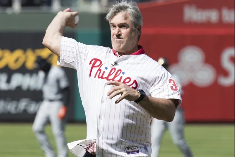 Eagles coach Doug Pederson throws out the ceremonial first pitch prior to the Phillies’ home opener.