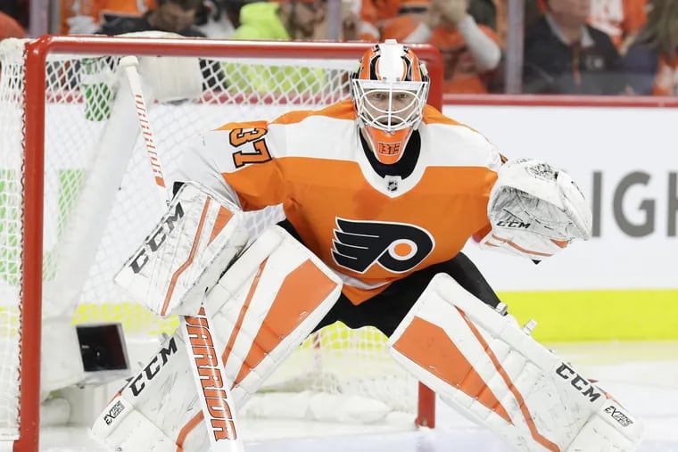 Flyers goaltender Brian Elliott, shown in last season's playoffs against Pittsburgh, will make his preseason debut Wednesday in New York.