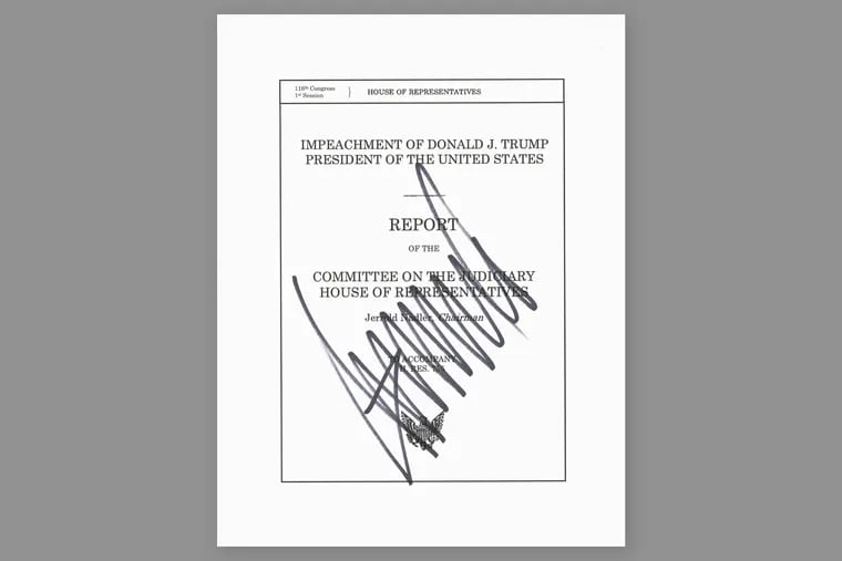 Up for auction at Golding Auction (goldinauctions.com), is a copy of the Impeachment of Donald J. Trump Report showing a signature which appears to be by the president.