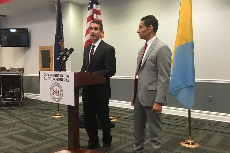 Pennsylvania Auditor General Eugene DePasquale (left) announces audit of Temple; Ken Kaiser (right), Temple's chief financial officer, said the school will work cooperatively with the auditor general.