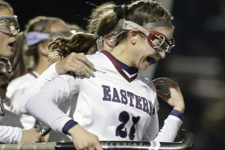 Eastern's # 21 Amanda Middleman celebrates her first-half goal that gave Eastern a 2-1 lead against Moorestown.