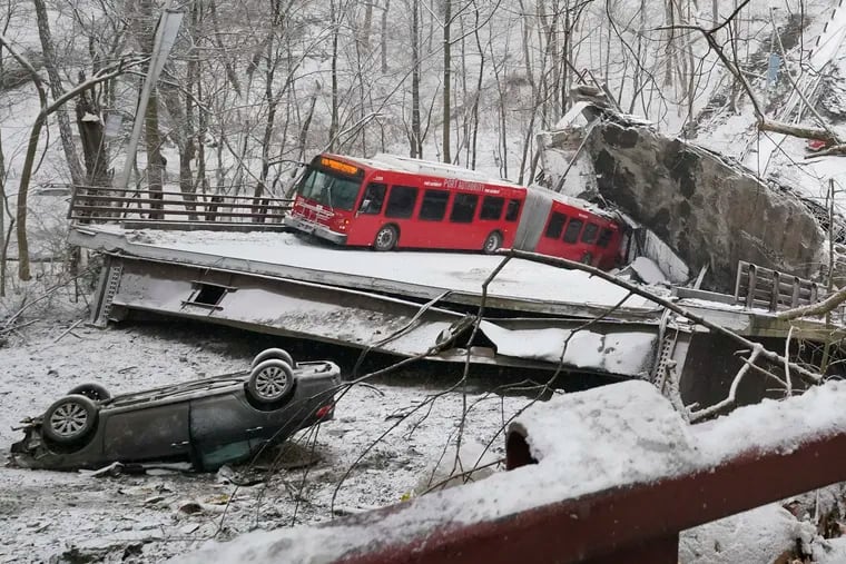 A Port Authority bus and a car were on a bridge when it collapsed Friday in Pittsburgh's East End. When the bridge collapsed, rescuers rappelled nearly 150 feet while others formed a human chain to help people off the dangling bus.