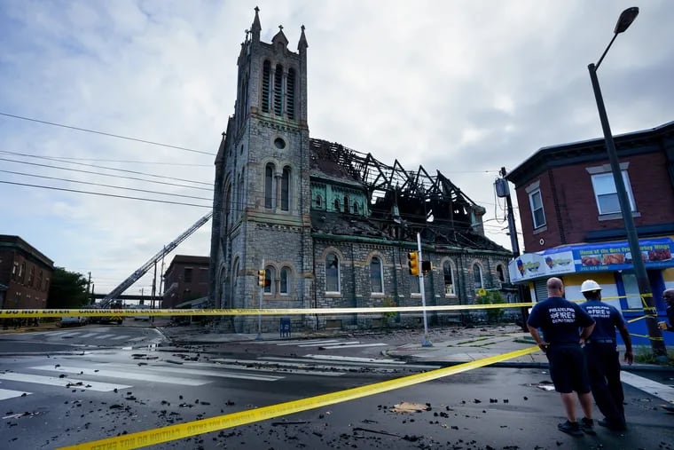 The scene the day after a fire at the Greater Bible Way Temple on the corner of 52nd and Warren Streets in West Philadelphia.