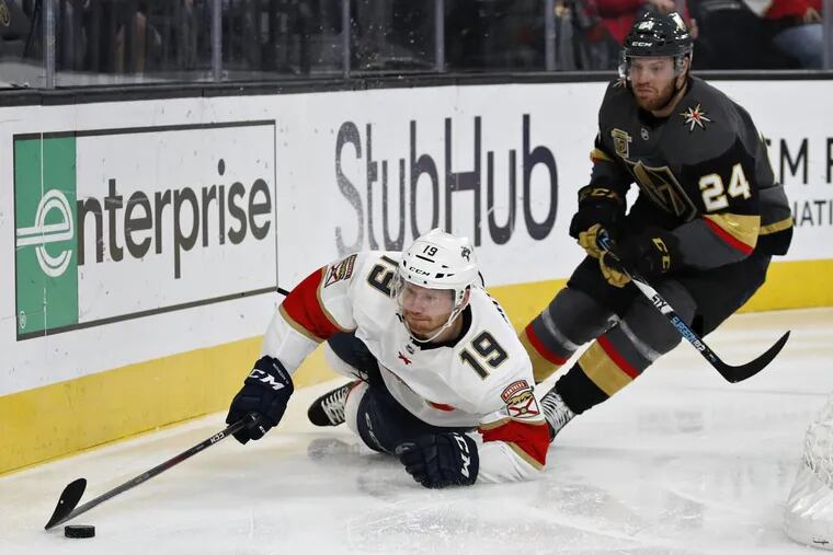 Panthers defenseman Mike Matheson (19), here battling for the puck with Vegas center Oscar Lindberg, has been hot lately.