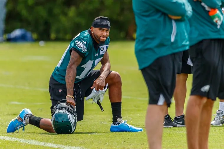 Eagle wide receiver DeSean Jackson takes a breather during practice on the first day of OTAs at the NovaCare Center on May 21, 2019.