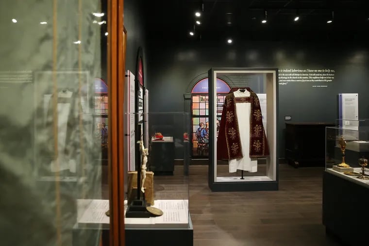 A cope worn by St. John Neumann as fourth bishop of Philadelphia is displayed inside the new museum at the National Shrine of St. John Neumann in Philadelphia.