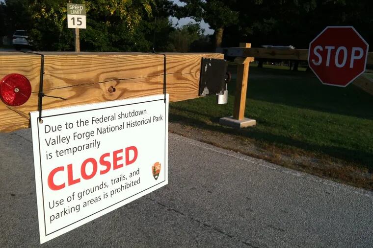 Sign at front gate of Valley Forge National Park lets visitors know the park is closed. (Mari A. Schaefer/Staff)