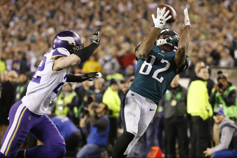 Eagles wide receiver Torrey Smith catches the flea-flicker for a touchdown early in the  third quarter of the NFC championship game.