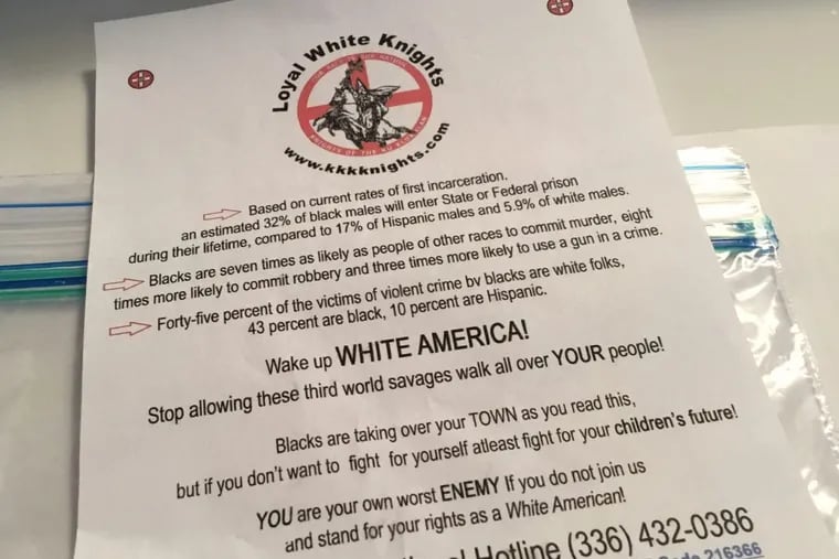 Residents of Hatboro found these racist flyers from the Ku Klux Klan on their lawns Saturday, accompanied by a bag of candy hearts.