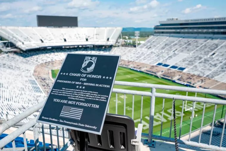 Penn State held a dedication ceremony Wednesday for the new POW/MIA Chair of Honor in the south end zone of Beaver Stadium. The seat will remain empty at all events to honor and remember those who have not returned home.