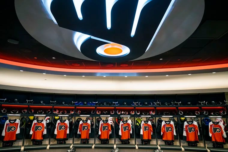 The newly renovated Flyers locker room at the Wells Fargo Center.