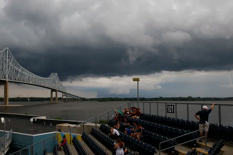 Lightning flashes during one of the storms that postponed the Union's game against Orlando City at Talen Energy Stadium on Saturday.