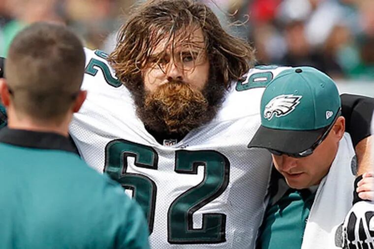 Jason Kelce suffered a torn MCL and partially-torn ACL in Sunday's win over the Ravens. (Yong Kim/Staff Photographer)