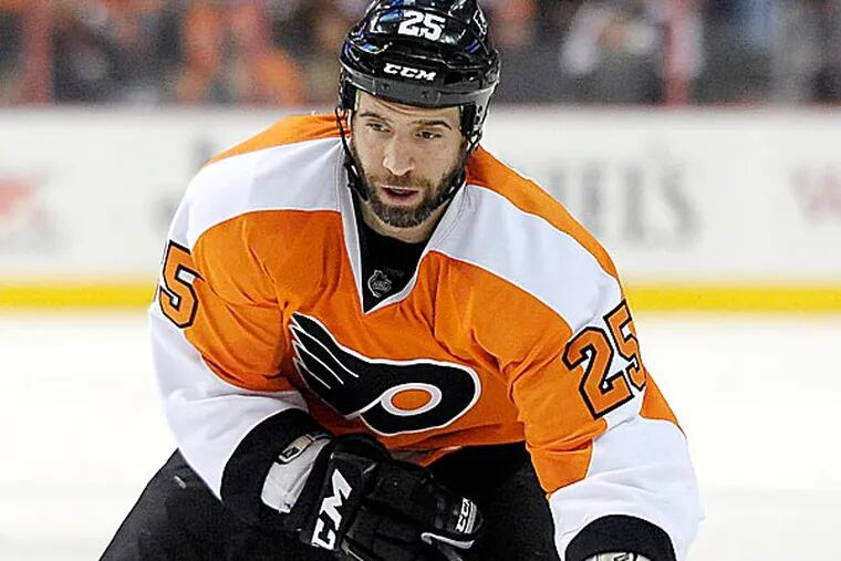 Forward Max Talbot, arguably the Flyers' best penalty killer, left Sunday's game with what appeared to be a serious leg injury. (Michael Perez/AP)