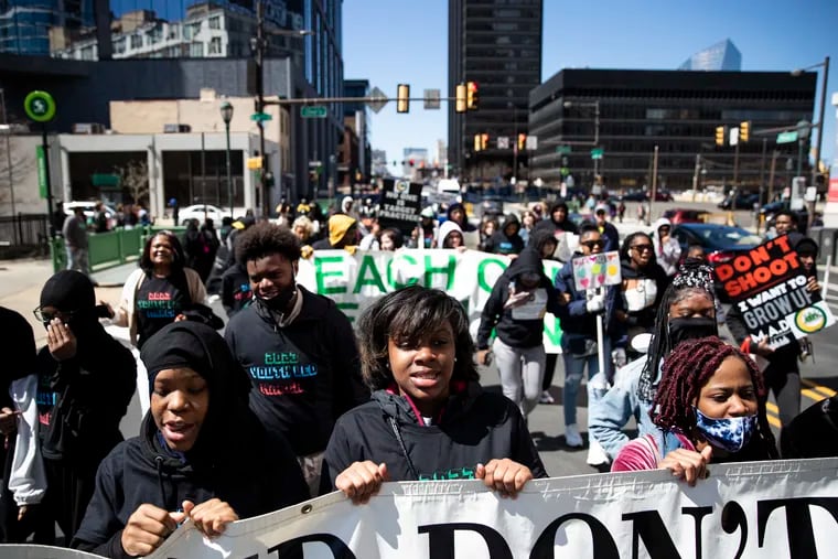 Children and teens march in the second annual Youth Led March Against Gun Violence on Market Street in Philadelphia, Pa. on Sunday, April 2, 2023.