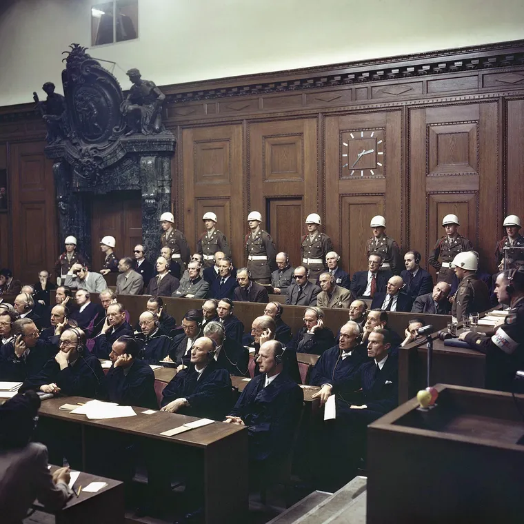 Defendants listen to part of the verdict in the Palace of Justice during the Nuremberg war crimes trial in Nuremberg, Germany, on Sept. 30, 1946.
