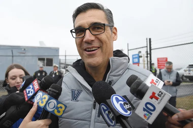 Villanova coach Jay Wright talks to reporters on Tuesday after his WIldcats won the NCAA championship. Wright will likely field NBA coaching offers this summer.