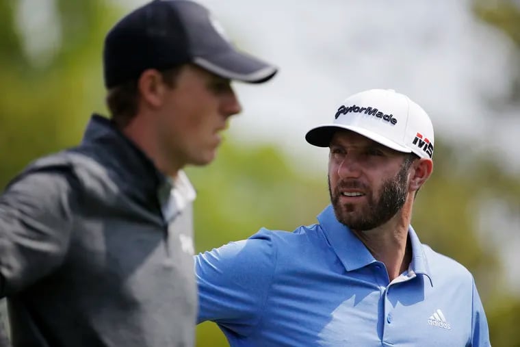 Dustin Johnson, right, and Jordan Spieth prepare to hit off the third tee during the second round of the PGA Championship.