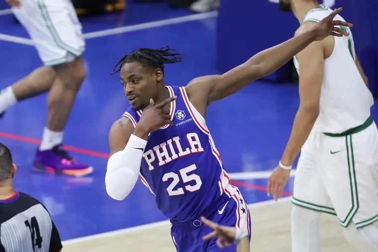 Sixers forward Danuel House Jr. celebrates a three-point shot in the first quarter of a game against the Celtics at the Wells Fargo Center in Philadelphia on Thursday, May 11, 2023.