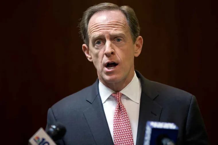 U.S. Sen. Pat Toomey, R-Pa., speaks with members of the media during a news conference May 9, 2016, in Philadelphia.