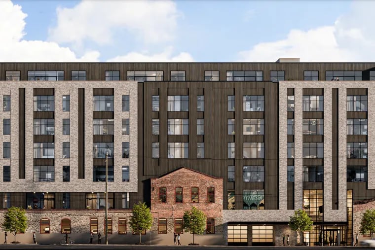 A rendering of the 167-unit apartment building proposed for 4045-61 Main St. in Manayunk. The historic facades would remain on the ground floor.