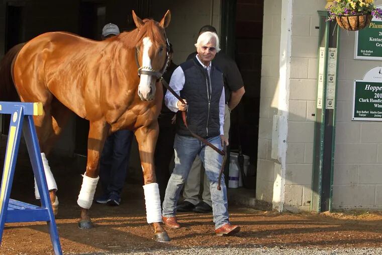 Justify, led by trainer Bob Baffert, emerges to meet the public the morning after winning the 144th Kentucky Derby.