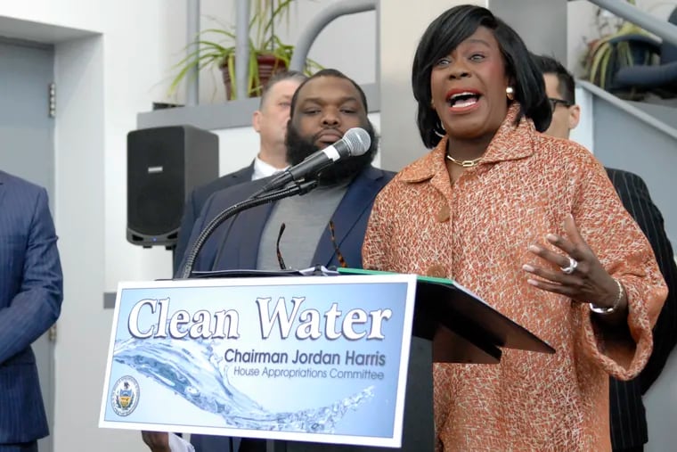 Mayor Cherelle L. Parker speaks at a news conference at the Northeast Water Pollution Control Plant in Port Richmond to announce the city will receive about $25 million in federal grant for three water infrastructure projects.