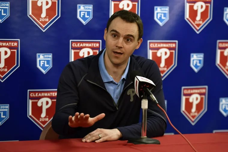 Phillies general manager Matt Klentak talks to reporters at the Phillies’ spring training complex Thursday.