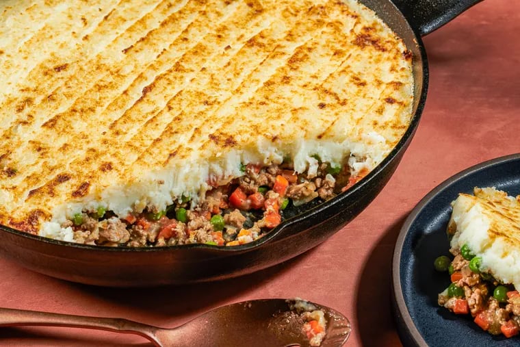 Turkey and Pea Cottage Pie. MUST CREDIT: Rey Lopez for The Washington Post; food styling by Lisa Cherkasky for The Washington Post