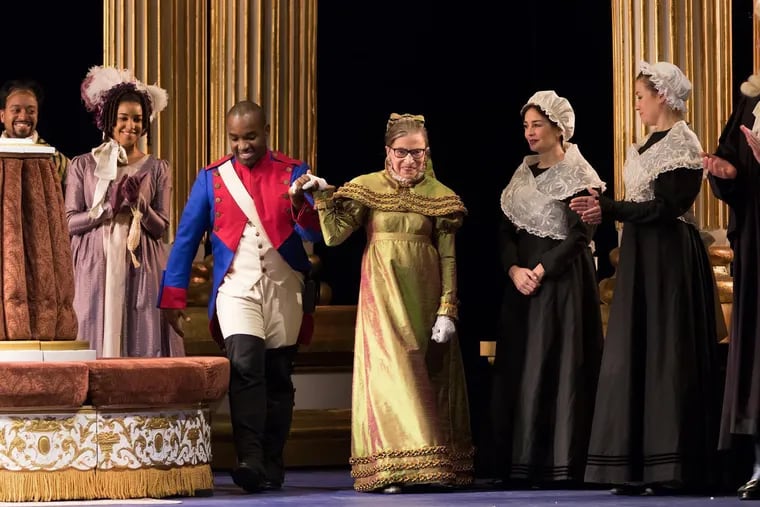 Tenor Lawrence Brownlee with Ruth Bader Ginsburg as the Duchess of Krakenthorp — a speaking role — in Washington National Opera's 2016 production of Donizetti's La Fille du Regiment.