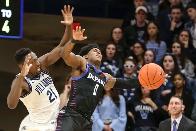 Villanova's Dhamir Cosby-Roundtree colliding with DePaul's Markese Jacobs during a January game.