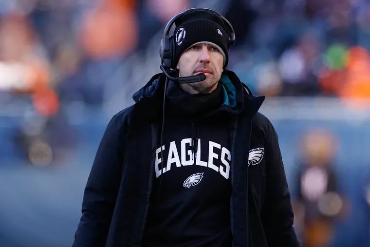 Eagles offensive coordinator Shane Steichen on the sidelines against the Chicago Bears on Dec. 18. Steichen and the Eagles will look to lock up the NFC East on Sunday against the Giants.
