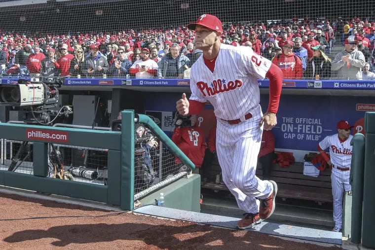 Philadelphia Phillies manager Gabe Kapler takes to the field for the first time at Citizens Park before his team’s home opener against the Miami Marlins.