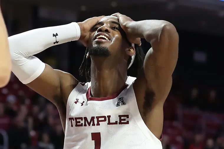 Quinton Rose of Temple reacts after comitting his 5th foul late in the game against Houston at the Liacouras Center on Jan 7, 2020. Houston won 78-74.