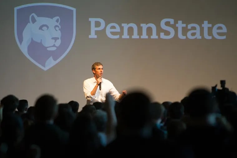 Democratic presidential candidate Beto O'Rourke speaks to a crowd at Penn State University in State College, Pa., Tuesday, March 19, 2019. Several hundred were in attendance for O'Rourke's three state inaugural campaign.