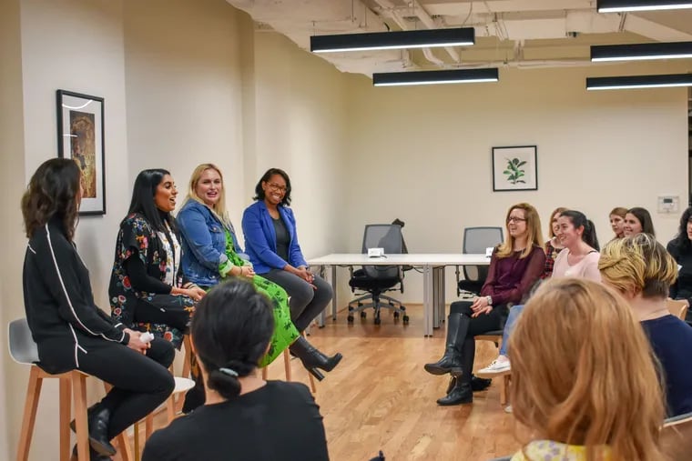 Vanessa Stella of Ladies Get Paid's Philadelphia chapter moderates a March 21 panel featuring (from left) local makeup artist Payal Patel, Kristin Lubsen of Sip-N-Glo juicery, and Linda Williams of Vertical Maven Group. The women discussed how to be your own boss.