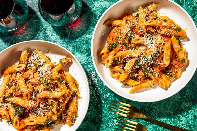 Penne With Vodka Sauce and Spinach. MUST CREDIT: Rey Lopez for The Washington Post