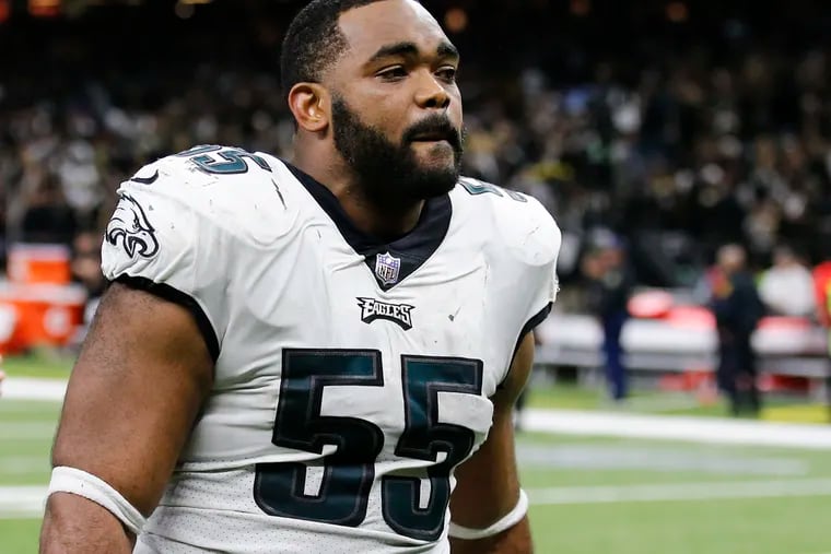 Eagles defensive end Brandon Graham walks off the field after losing 20-14 to the New Orleans Saints in a NFC Divisional playoff game on Sunday, January 13, 2019 in New Orleans.