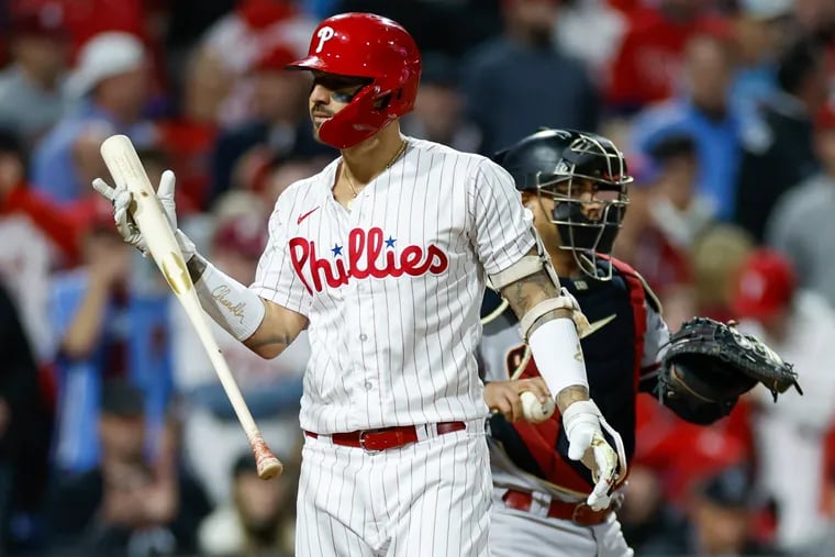 Philadelphia Phillies right fielder Nick Castellanos strikes out for the second out in the fourth inning in Game 7 of the baseball NL Championship Series between the Arizona Diamondbacks and the Philadelphia Phillies on Tuesday, Oct. 24, 2023, at Citizens Bank Park in Philadelphia.